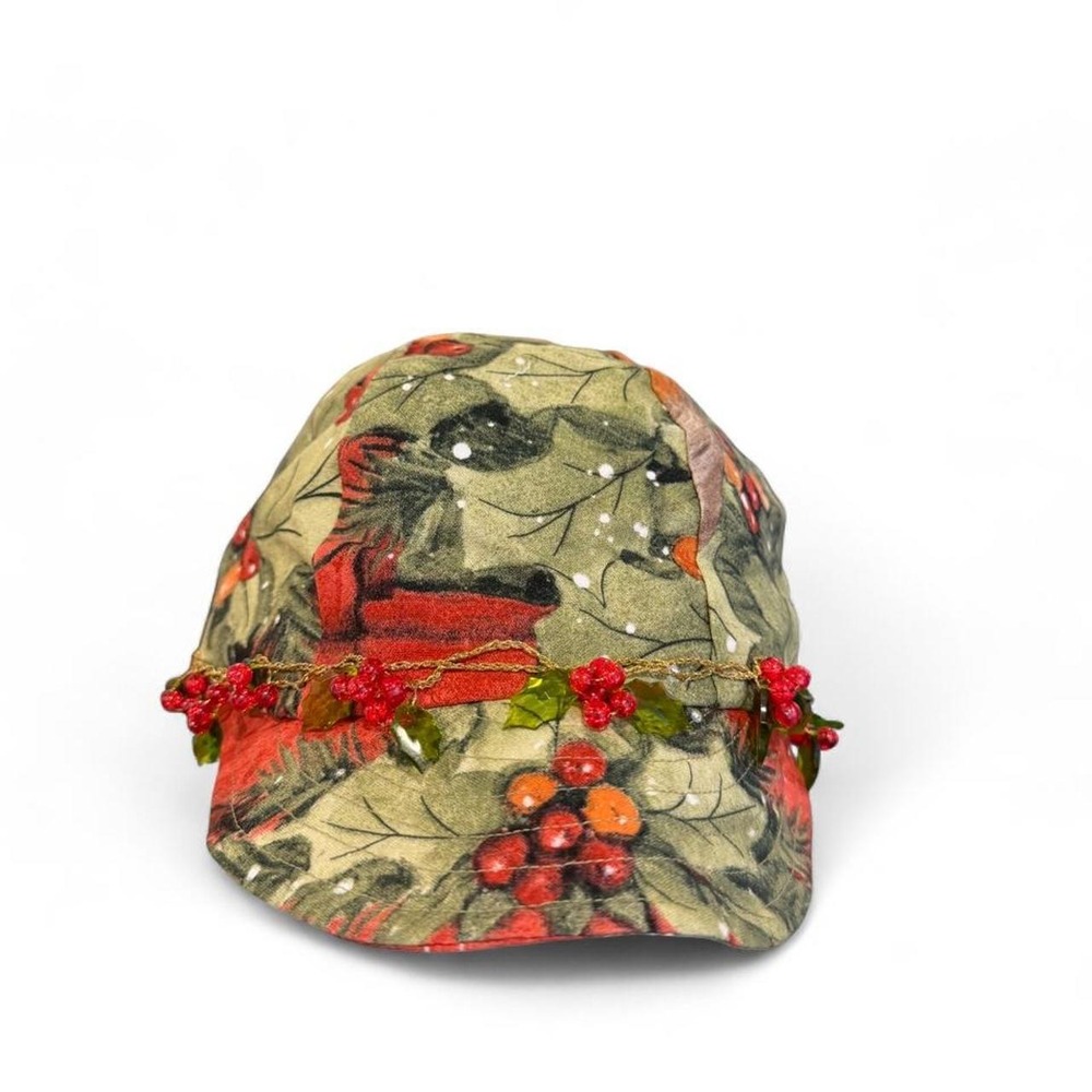 Handmade Christmas Cardinal Holly Berry Soft Bill Hat Beaded Trim Bow Accent